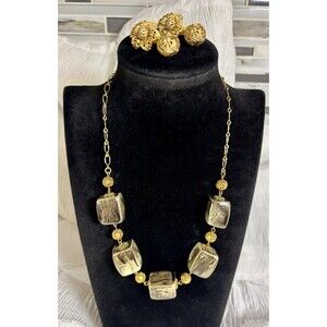 Vtg Celebrity NY Large Abstract Square Beaded Necklace & Coordinating Earrings
